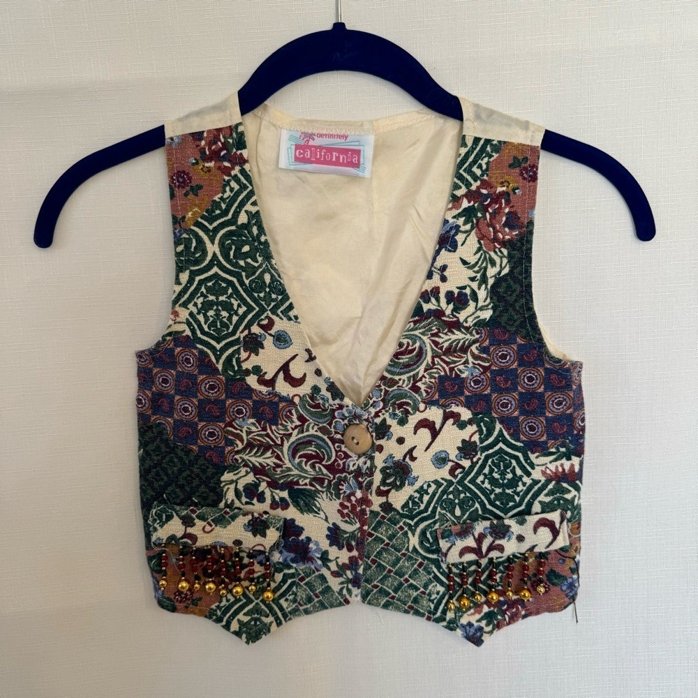 Vintage Definitely California Kids Tapestry Vest Floral Beaded Fringe Cropped